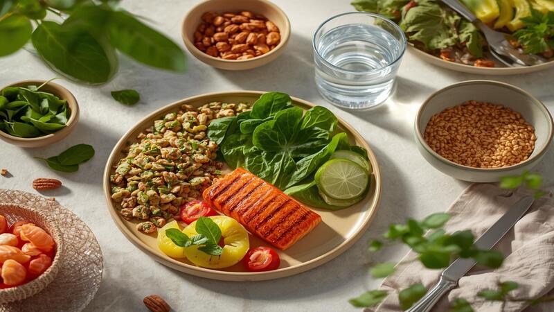 Balanced dinner with natural foods to lower blood sugar naturally