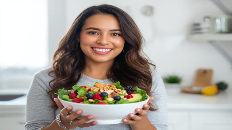 Person enjoying a fresh salad with foods to lower blood sugar naturally