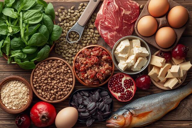Overhead view of the best foods to fight anemia including spinach, red meat, lentils, eggs, pumpkin seeds, tofu, oats, dark chocolate, pomegranates, and fish for a healthy lifestyle.

