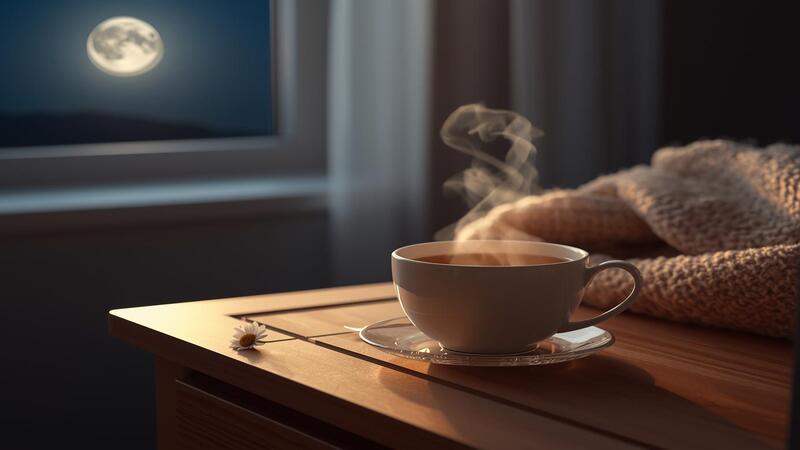 A steaming cup of Chamomile Tea for Better Sleep on a bedside table under soft moonlight, creating a peaceful and relaxing nighttime atmosphere