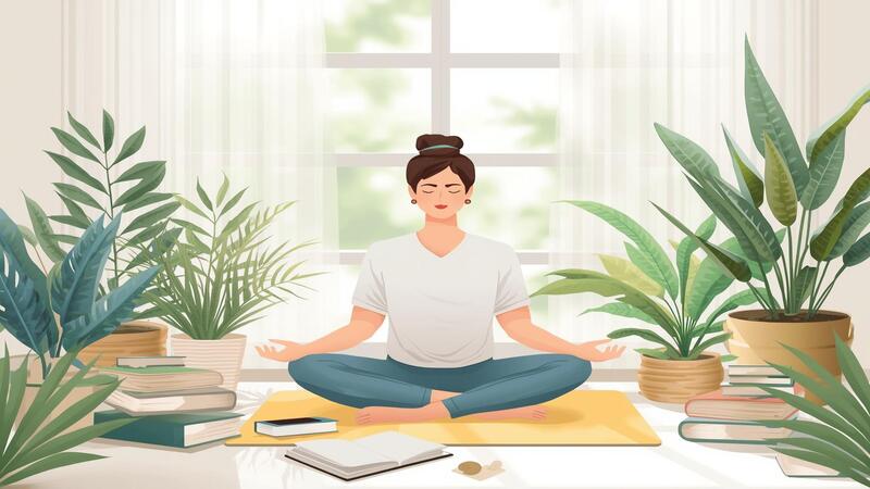 Illustration for 30-Day Emotional Self-Care Plan showing a peaceful person meditating and journaling in a serene, nature-inspired setting for emotional wellness.
