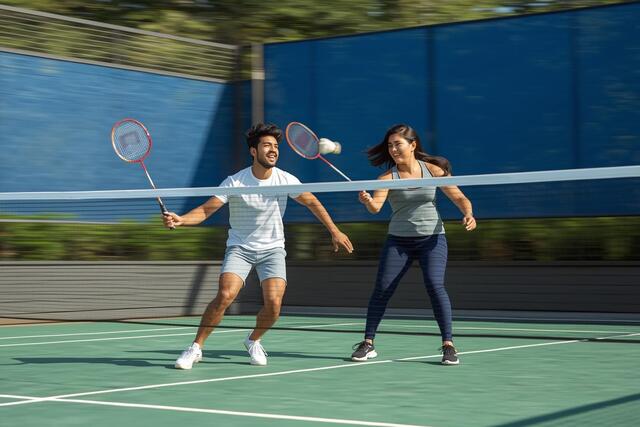 Young Indian man and woman starting a badminton match on an outdoor court, demonstrating the fitness benefits of playing badminton.
