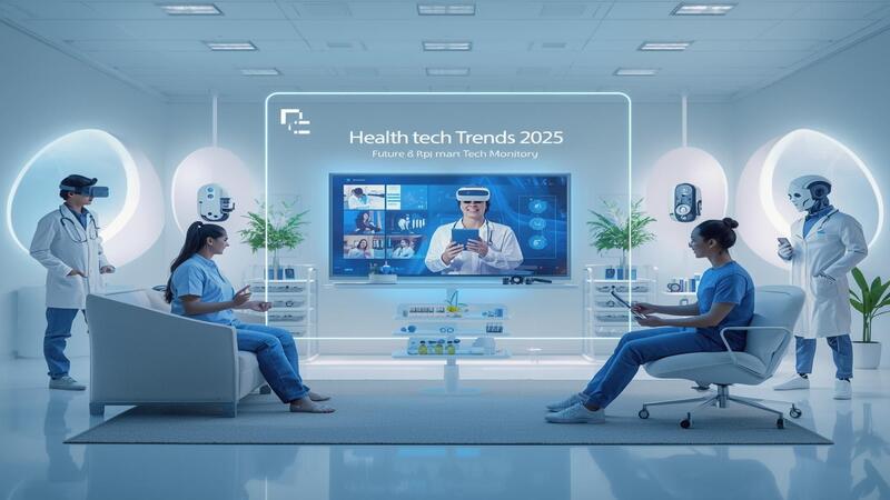 Illustration representing Health Tech Trends 2025 with VR therapy, smart home health devices, AI monitoring, and a healthy lifestyle.
