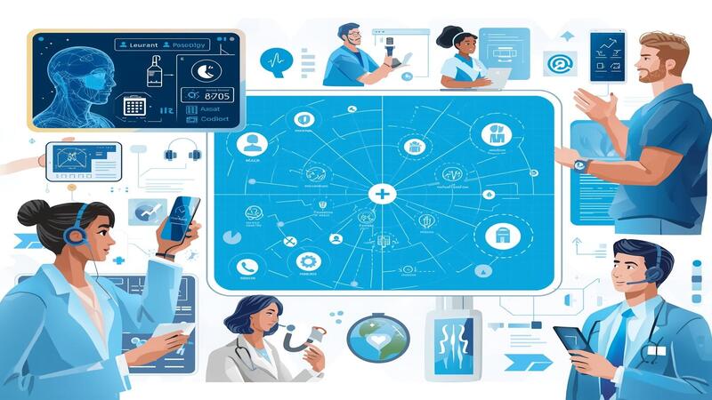 Futuristic illustration of Health Tech Trends 2025 featuring AI diagnostics, wearable devices, and digital wellness technology.
