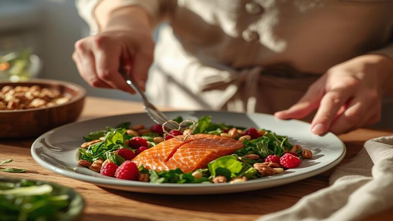 Preparing a nutritious heart-healthy foods with salmon, leafy greens, nuts, and berries to support cardiovascular health.
