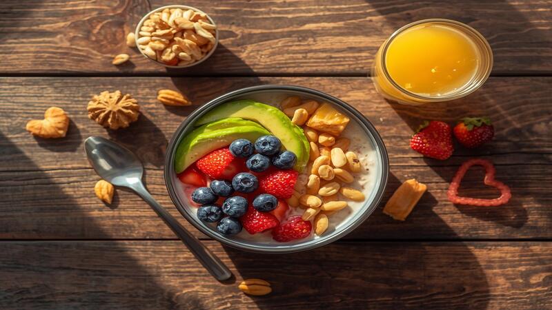 Healthy breakfast featuring top 10 heart-healthy foods like oatmeal, berries, avocado, and nuts for natural heart health.
