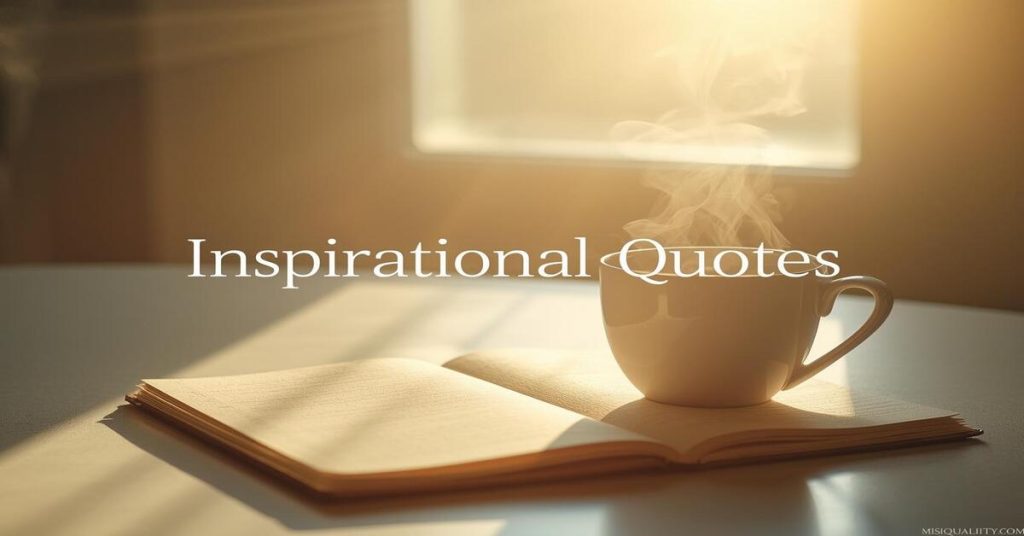 Inspirational Quotes with a calm morning vibe, coffee cup, and motivational sunrise for stress relief