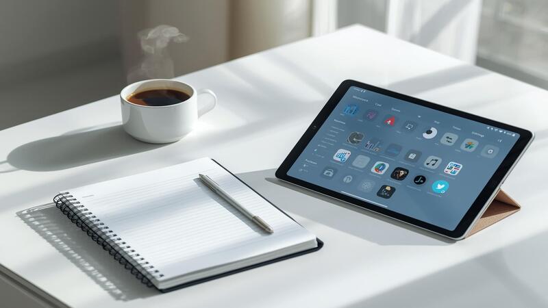 Serene modern workspace with tablet showing productivity apps, notebook, coffee cup, and icons representing smart lifestyle and effective planning.
