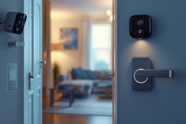 Smart Home Security in a cozy living room showing cameras, smart locks, and sensors, emphasizing safety, comfort, and protection.
