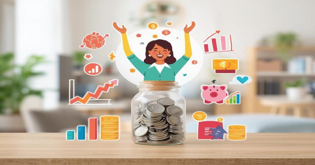 "Smart Saving Strategies feature image showing a person saving money with coins, piggy bank, and charts representing financial growth and lifestyle improvement."