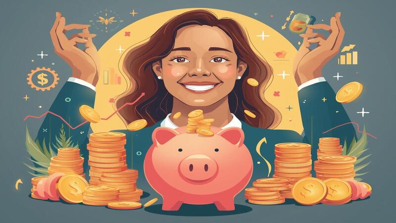 "Final Thoughts image showing a person celebrating financial success with coins, piggy bank, and charts symbolizing smart saving strategies and financial growth."