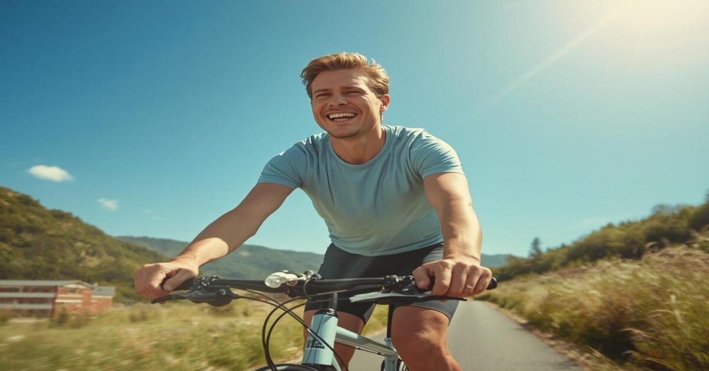 Top 10 Cycling Benefits for Fitness 🚴‍♂️ – An energetic outdoor cycling scene promoting health, wellness, mental clarity, and overall fitness.