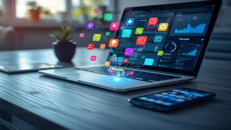 Digital workspace showing top 8 productivity apps on laptop and smartphone with colorful app icons, graphs, and clock representing focus and time management.
