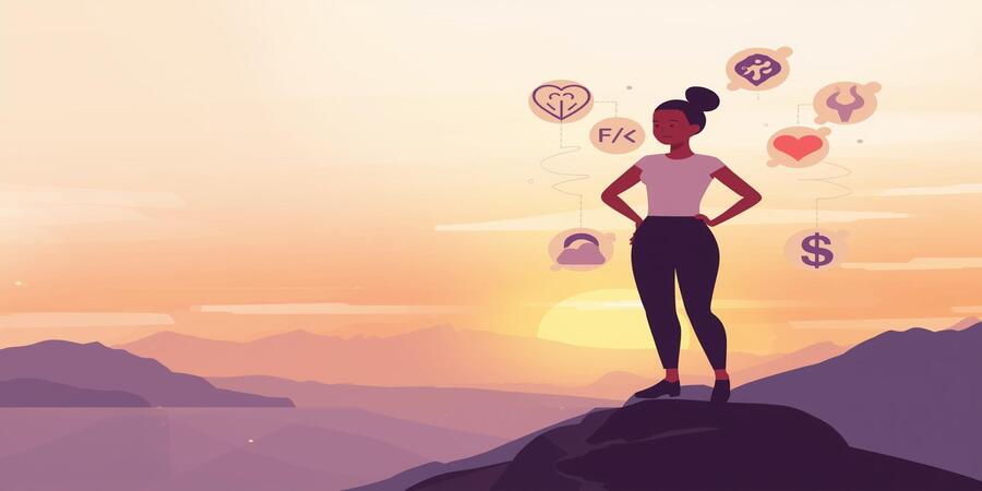 9 Life-Changing Strategies for Emotional Control - illustration of a confident person on mountaintop with abstract symbols of mind, heart, and balance, representing emotional wellness