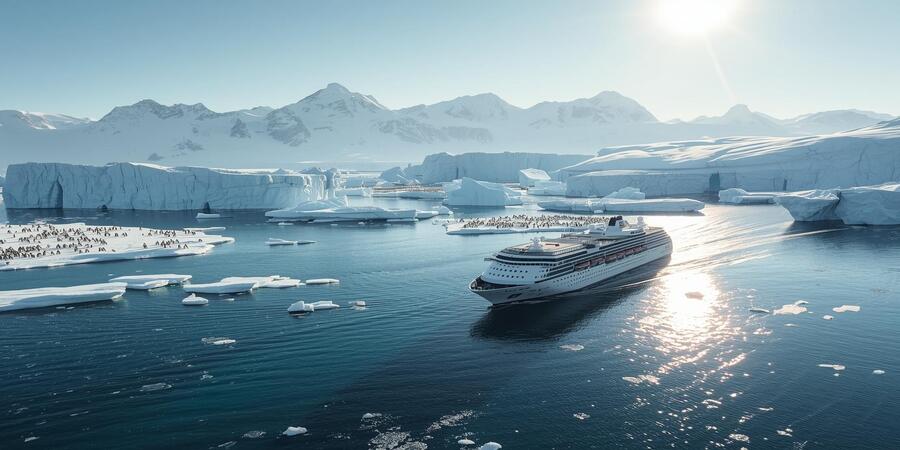 Top view of Antarctica cruise destinations with a cruise ship, icy waters, icebergs, and penguin colonies

