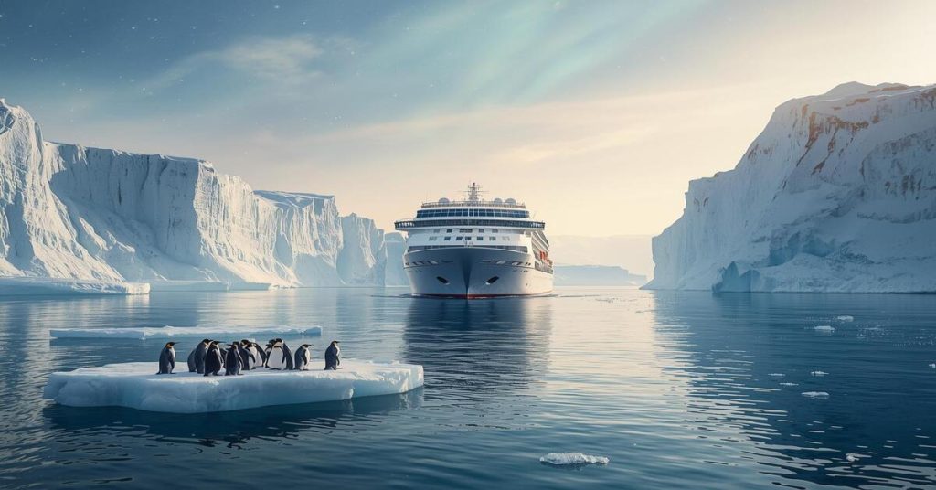 Stunning view of Antarctica cruise destinations with icy waters, floating icebergs, and playful penguins