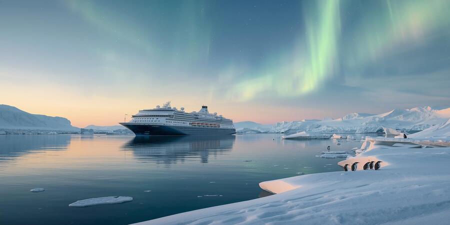Peaceful Antarctica cruise destinations scene with cruise ship, icy waters, aurora sky, and penguins
