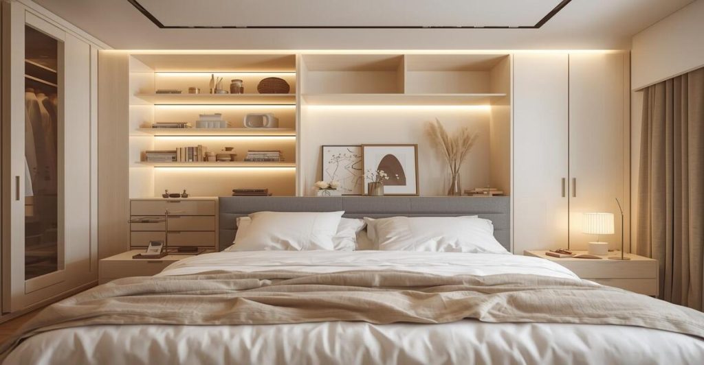Bedroom Organization Hacks: A modern, minimalist bedroom with neatly organized shelves, wardrobe, and cozy bed for a clutter-free, relaxing space