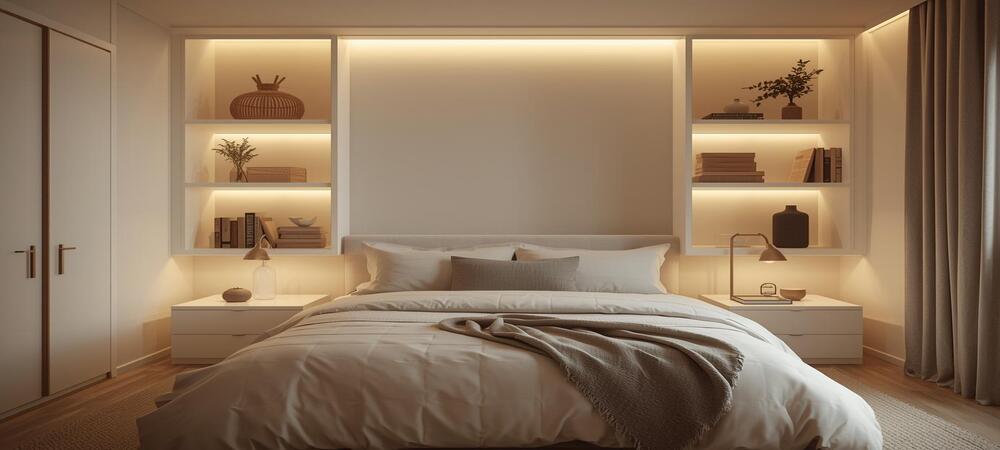 Bedroom Organization Hacks: Peaceful and clutter-free bedroom with soft lighting, cozy bed, and minimal decor for ultimate relaxation and calm
