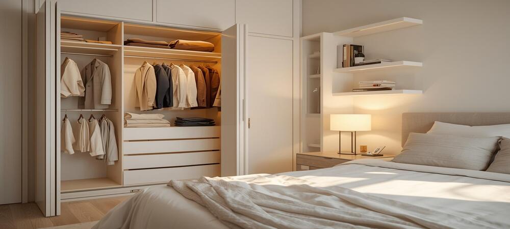 Bedroom Organization Hacks: Stylish, clutter-free bedroom with neatly organized wardrobe, nightstand, and cozy bed for a calm and relaxing space
