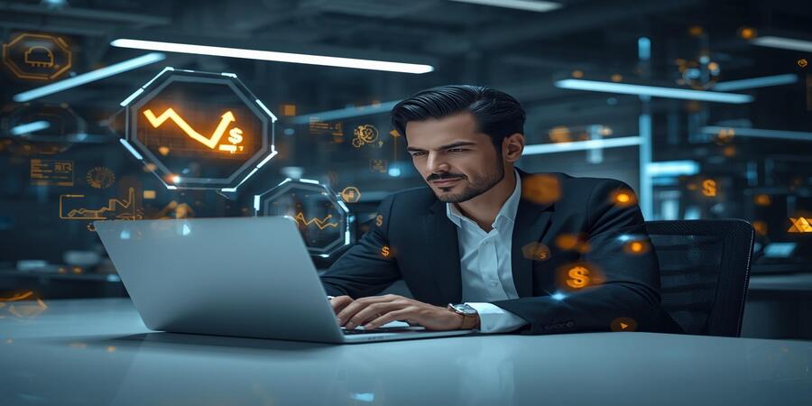 Focused entrepreneur using the Best AI Tools to Make Money Online in 2026 with financial growth visuals.