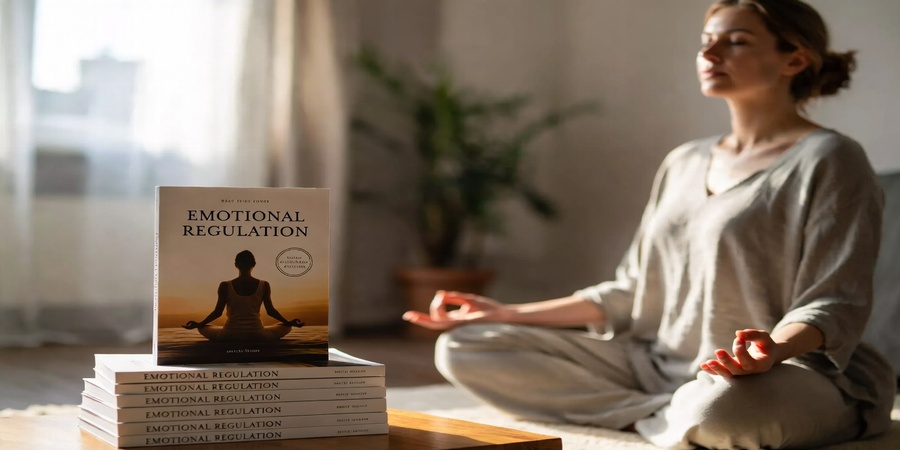 Person meditating next to Emotional Regulation Books in a peaceful setting, symbolizing emotional clarity and personal transformation.
