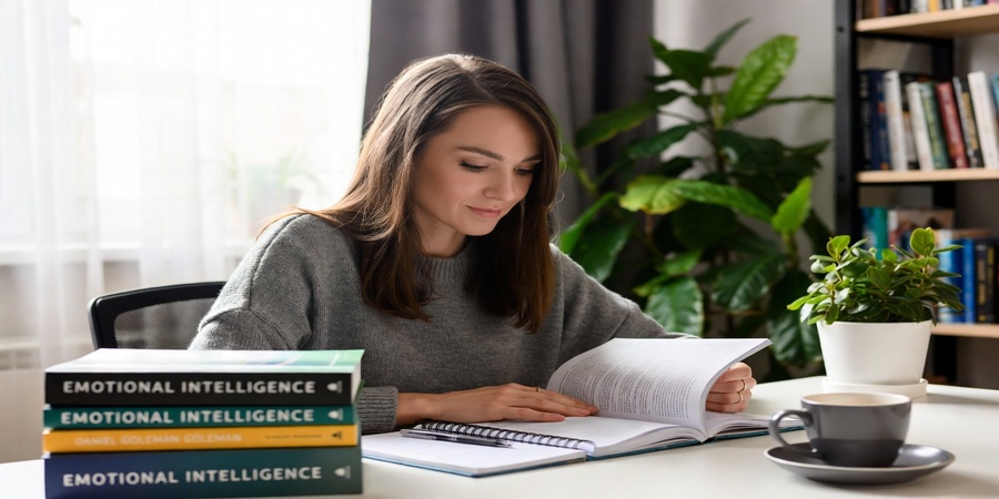 Inspiring workspace with open Emotional Regulation Books, notebook, and sunlight, representing emotional growth and mindfulness.
