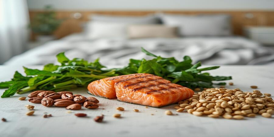 Fatty Fish Benefits for Better Sleep - healthy dinner with salmon and vegetables illustrating the connection between nutrition and restorative sleep.
