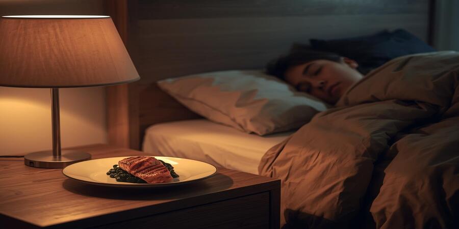 Fatty Fish Benefits for Better Sleep - peaceful night scene with person sleeping and a plate of salmon promoting natural sleep and wellness.
