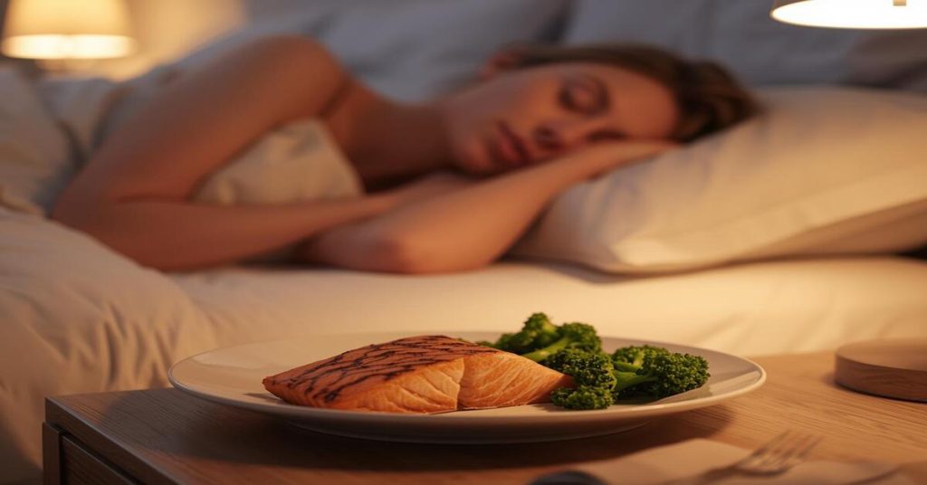 Fatty Fish Benefits for Better Sleep - person peacefully sleeping with a healthy plate of salmon nearby, promoting natural sleep and wellness.