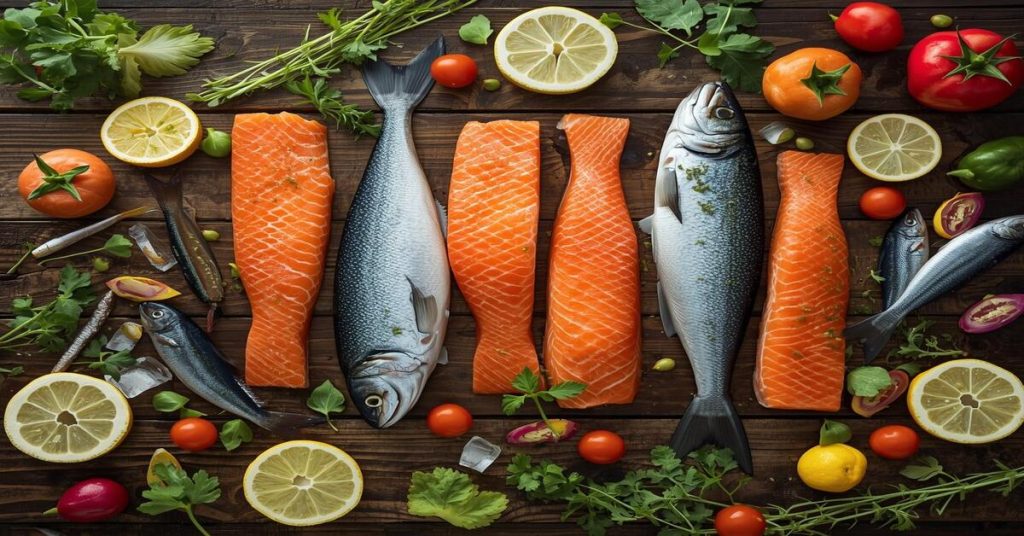 Fatty fish benefits for skin: Salmon, mackerel, and sardines displayed with herbs and lemon, representing natural nutrition for healthy, glowing skin.