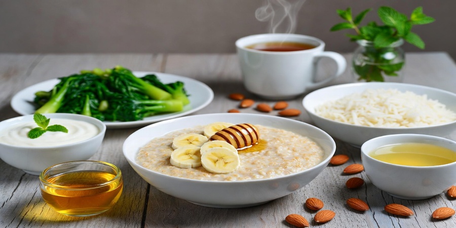 Healthy stomach-friendly best foods for gastritis including oatmeal, bananas, yogurt, brown rice, boiled vegetables, honey, and herbal tea to support digestion and calm the stomach.
