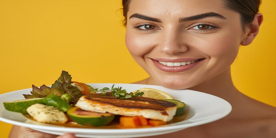 Healthy woman enjoying fatty fish benefits for skin: Omega-3 rich nutrition supporting natural glow and overall skin wellness.
