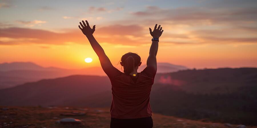 Fitness Benefits of Running - Person celebrating after a run on hilltop, feeling accomplished, healthy, and mentally clear

