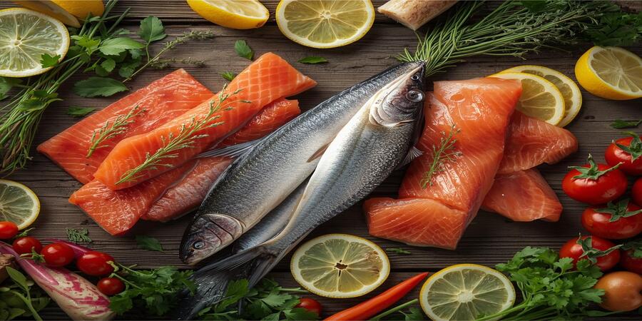 Fatty fish benefits for skin: Salmon, mackerel, and sardines with herbs and lemon, representing natural nutrition for healthy glowing skin.
