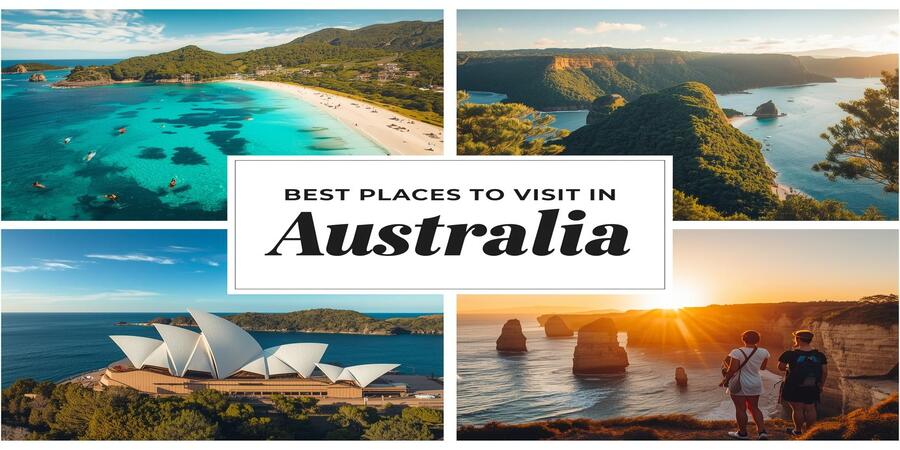 Top 10 Best Places to Visit in Australia featuring Sydney Opera House, Great Barrier Reef, and scenic landscapes
