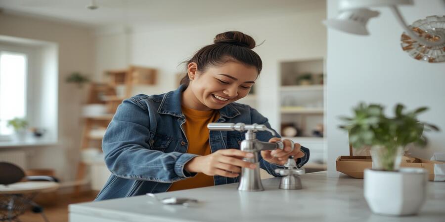 DIY home repair hacks in action, showing a happy person fixing a home and maintaining a cozy, organized living space
