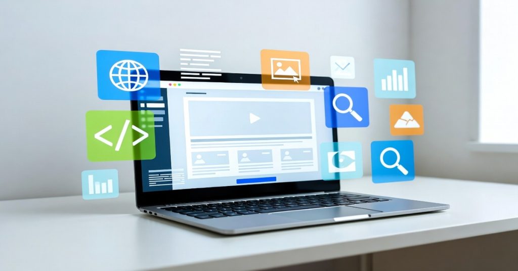 How to Create a Website - laptop with website builder open, digital icons, smart workspace for beginners