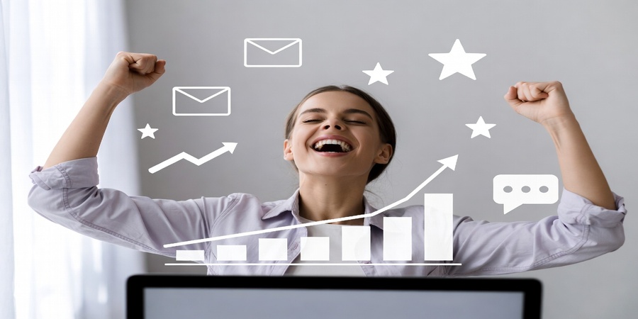 How to Create a Website - person celebrating online success, website on laptop screen, digital growth and smart lifestyle

