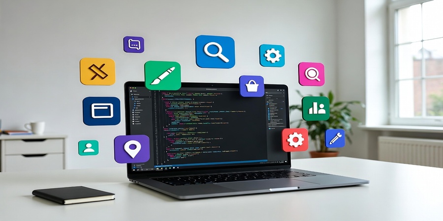 How to Create a Website - digital workspace with laptop, website builder interface, coding and design icons
