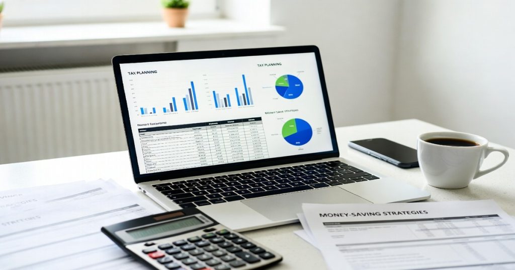 Smart workspace with laptop, calculator, and documents representing Tax Saving Strategies for personal finance