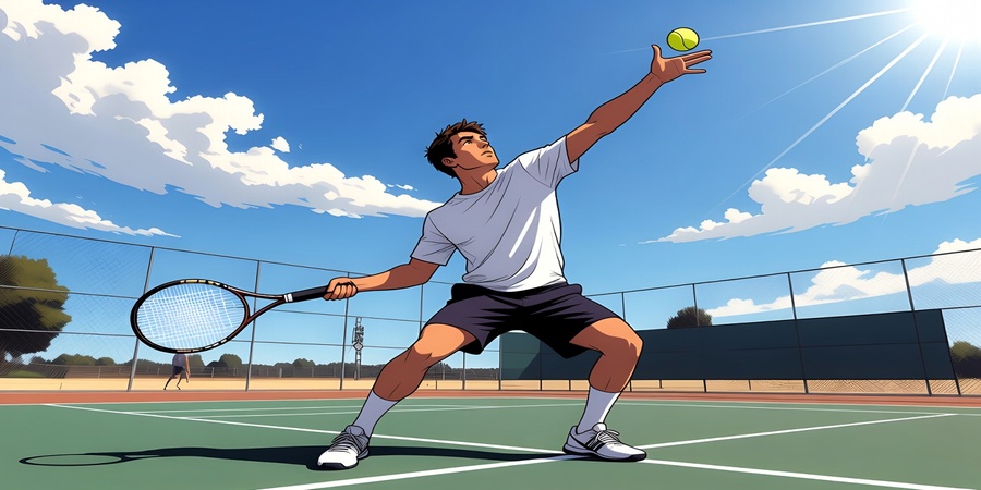 Tennis player serving on outdoor court showing tennis health benefits and active lifestyle