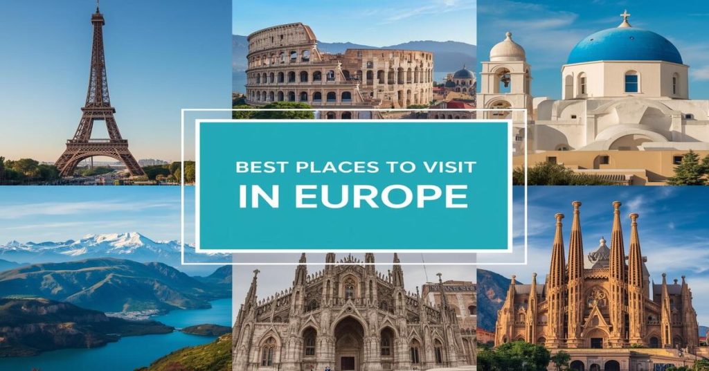 Beautiful panoramic collage of the best places to visit in Europe including Paris, Santorini, Rome, Swiss Alps, and Amsterdam with stunning scenic views.
