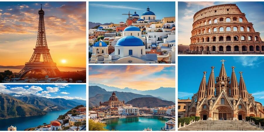 A vibrant collage of the best places to visit in Europe including Paris, Santorini, Rome, Swiss Alps, and Barcelona, perfect for travel blog banner.
