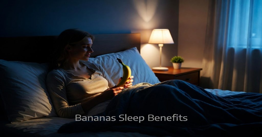Person holding a banana in bed, demonstrating the bananas sleep benefits for better nighttime rest.