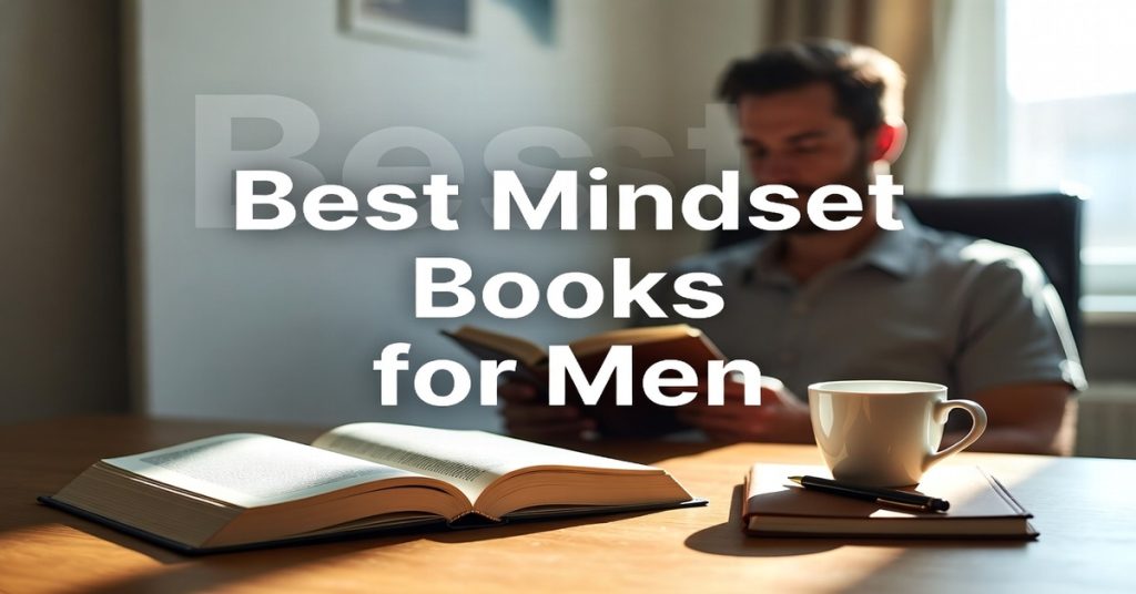 Feature image showing a man reading Best Mindset Books for Men with a modern desk setup, coffee, and notebook, symbolizing personal growth and motivation.