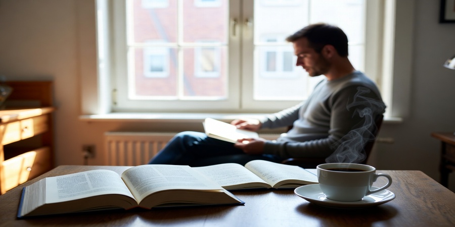Final Thoughts image showing a man journaling with coffee and an open book, reflecting on the Best Mindset Books for Men for personal growth.
