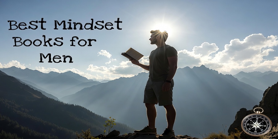 H1 image showing a confident man with a book on a mountain, symbolizing personal growth and the Best Mindset Books for Men.
