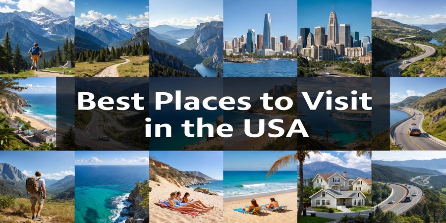 Best Places to Visit in the USA featuring iconic landmarks, mountains, beaches, and cities for adventure and wellness travel.