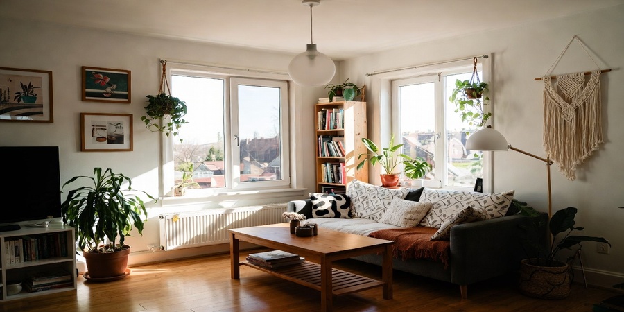 Cozy and organized living room highlighting DIY home improvement ideas, showing stylish shelves, plants, and décor for a comfortable and transformed home.